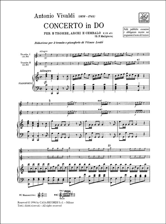Concerto In C - Riduzione Per 2 Trombe E Pianoforte - pro trumpetu a klavír